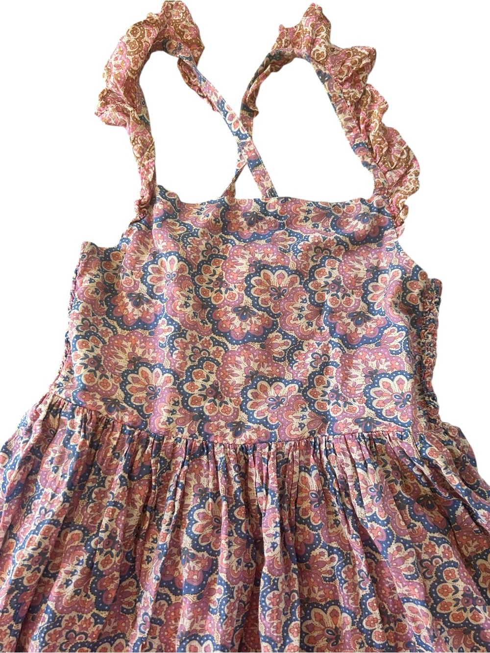 Mini Boden Mauve Pink Blue Floral Ruffle Crossback Strap Sundress - Picture 2 of 4